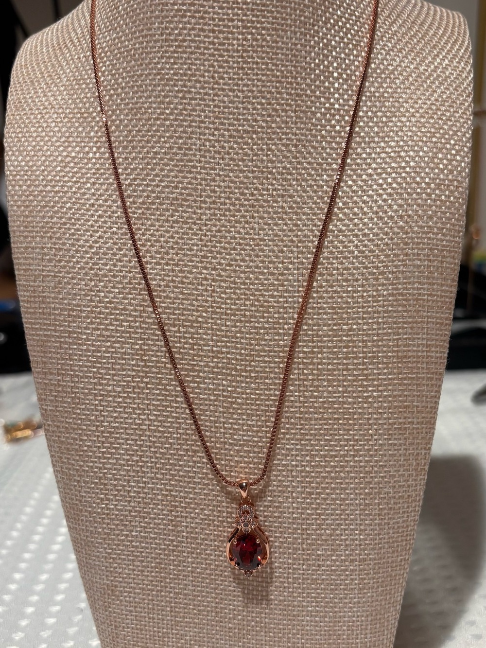 Rose Gold Tone Necklace with Red Garnet Pendant S925 Silver